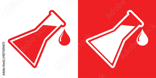Stylized lab flask icon with droplet in red and white contrast, symbolizing science, chemistry, and experimentation. Ideal for UI, biotech branding, and educational design themes.