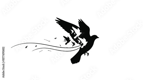 Silhouette of a bird transforming into smaller birds, symbolizing freedom and release.