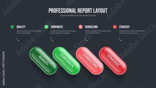 Company Campaign 4 Option Diagram Frame Layout. Visual Development Four Element Infographic Presentation Design. Sales Introduction Slideshow Template Vector Illustration.