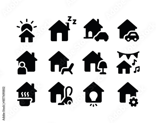 Home Automation Icons. Home automation scenes. Solid icon set of home automation scenes: morning routine, goodnight icon, away mode, arrival icon, relax scene,