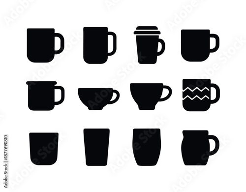 Mug Icon Varieties. Mug variations. Solid icon set of mug variations: classic mug, tall mug, travel mug, camp mug, enamel mug, teacup silhouette, latte cup,