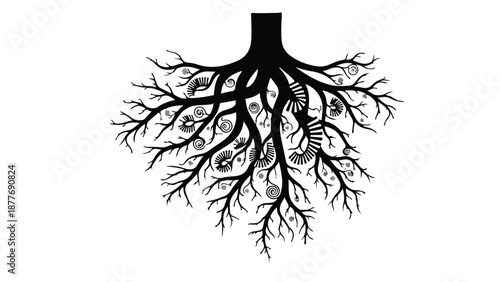 Intricate tree roots with delicate swirling patterns and organic shapes, symbolizing growth and connection.