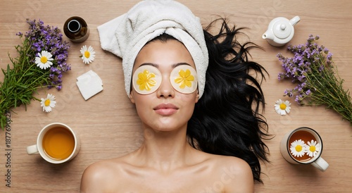 Woman relaxing with towel on head and flower eye pads. Holistic spa treatment, natural beauty, skincare, and wellness concept.