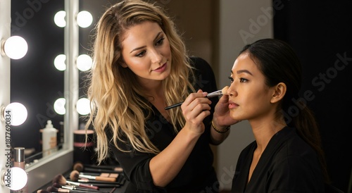 Woman makeup artist applying cosmetic powder on a woman client's face with a brush. Professional beauty studio for fashion and glamour.