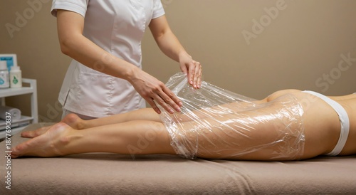 Woman receiving body wrap treatment in spa. Therapist applying plastic film to legs and hips for slimming and detoxification. Relaxation and beauty therapy session on massage table.