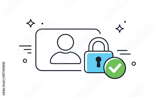 Secure Profile Verification. Identity verification and security. A user profile protected by a lock and checkmark. Trust and validation, minimal