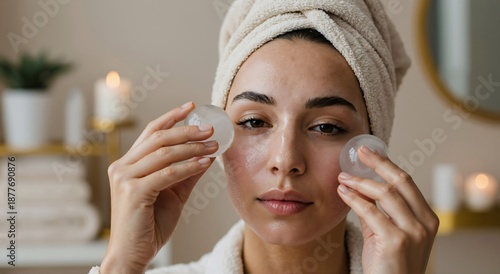 Woman with towel on head using ice globes on face. Girl getting beauty facial massage and anti aging treatment. Skincare spa beauty procedure.