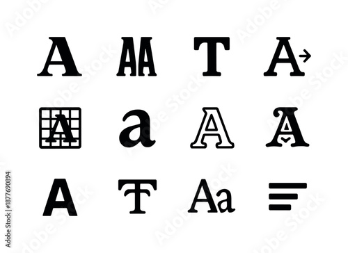 Font Icon Grid. Package design fonts. Solid icon set of package design fonts: serif style, condensed font, uppercase icon, letter spacing, typographic grid,