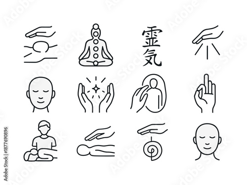 Reiki Therapy Line Icons. Reiki and touch therapy. Line icon set of Reiki and touch therapy: hand over body, chakras, energy symbol, healing waves, peaceful