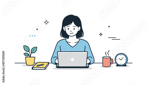 Minimalist Work Environment. Minimal lifestyle with working people. Calm professional working at a clean desk with laptop and a few personal items, balanced