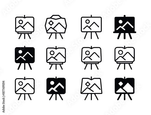 Open-Air Painting Logos. Open-air painting sessions. Icon set. Set Logo of open-air painting sessions: open sketchbook. harmonious logo variations of the same