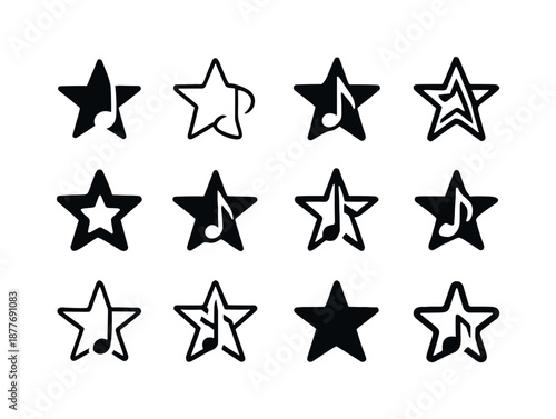 Indie Music Icons. Indie music. Icon set. Set Logo of indie music: indie star symbol. harmonious logo variations of the same emblematic concept, each with