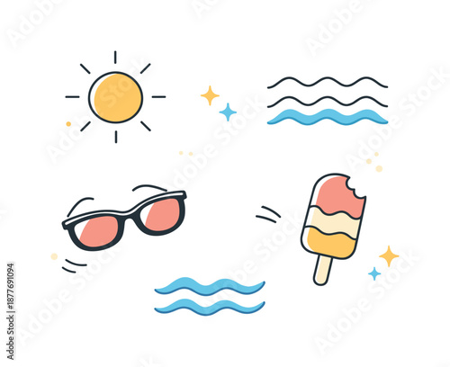 Summer Symbols Collection. Summer graphic pack. Simple symbols of sun, waves, sunglasses and ice cream arranged with plenty of space. Warm atmosphere, relaxed