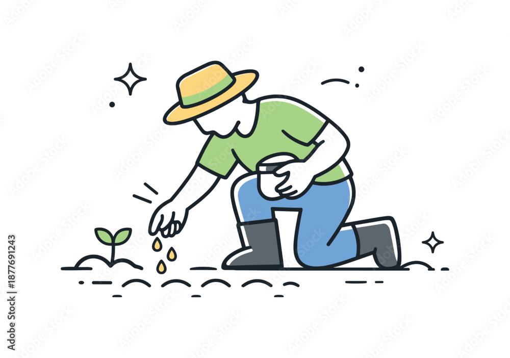 Fototapeta premium Farmer Planting Seeds. Farmers planting seeds icon. Simple farmer figure bending down to place seeds into soil, expressing calm agricultural work. Friendly
