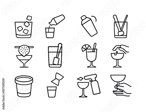 Mixology Icon Set. Mixology steps. Line icon set of Mixology steps: add ice, pour spirits, shake tin, stir glass, strain drink, muddle ingredients, garnish
