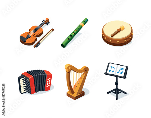 Irish Music Icons. Irish Music. Isometric flat vector icons set of irish music: fiddle violin, tin whistle, bodhran drum, accordion, harp instrument, music
