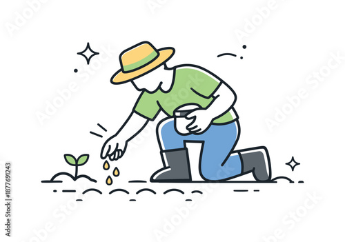 Farmer Planting Seeds. Farmers planting seeds icon. Simple farmer figure bending down to place seeds into soil, expressing calm agricultural work. Friendly