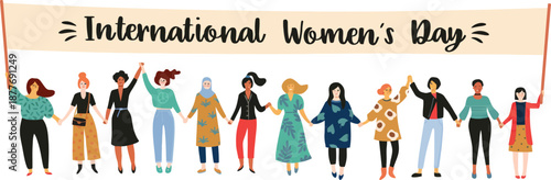 Large Group of Diverse Women Standing Together and Holding a Banner for International Women's Day Celebration and Gender Equality