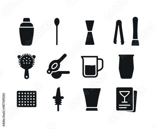 Mixology Tools Icons. Mixology tools. Solid icon set of mixology tools: cocktail shaker, bar spoon, jigger, muddler, strainer, citrus press, stirring glass,