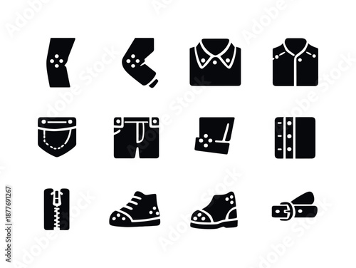 Uniform Stress Icons. Uniform stress points. Solid icon set of uniform stress points: knee area, elbow area, collar edge, shoulder seam, pocket corner,