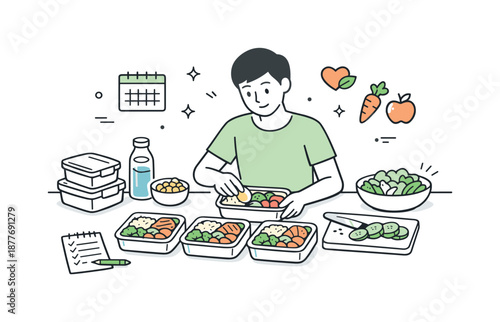 Balanced Meal Prep. Healthy cooking meal prep. Person arranging balanced meals in simple containers, organized workspace and steady rhythm. Planning, care, and