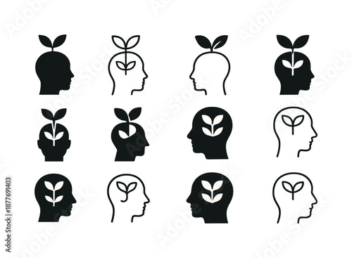 Positive Mindset Icons. Positive thinking and mindset shifts. Icon set. Set Logo of Positive thinking and mindset shifts: Growth plant in mind: