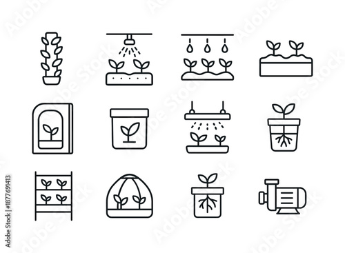 Urban Farming Icons. Urban farming. Line icon set of growing systems: hydroponics tower, aeroponics sprayer, drip irrigation line, soil bed, grow tent,