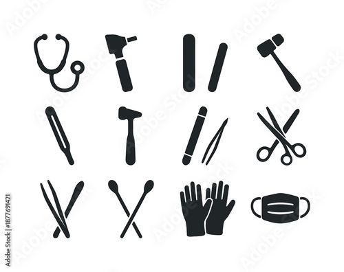 Doctor's Tools Icons. Doctor?s tools. Solid icon set of doctor?s tools: stethoscope, otoscope, tongue depressor, tuning fork, thermometer, reflex hammer,
