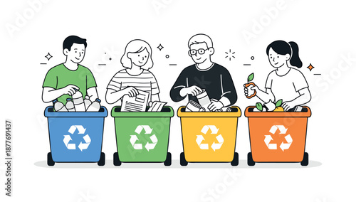 Group Recycling Effort. Recycling together. Group of people sorting waste into recycling bins side by side. Shared responsibility and calm eco-friendly action.