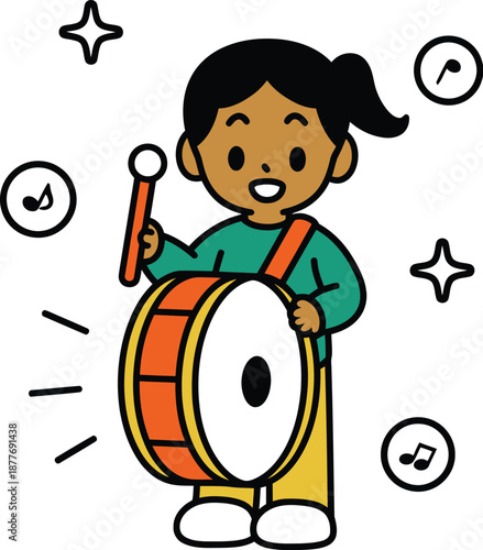 Adorable cartoon girl happily playing a large orange drum with drumsticks, music and performance concept for kids with musical note icons.