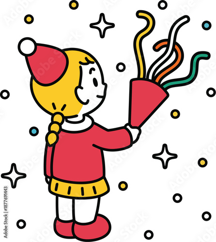 Happy Cartoon Girl in a Red Outfit Celebrating with a Party Popper and Confetti for Birthday or Festive Event Illustration