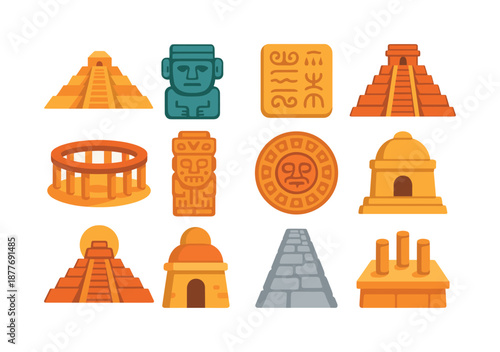 Ancient Civilization Icons. Ancient civilizations. Colorful flat vector icons set of Ancient civilizations: pyramid complex, stone idol, ancient script tablet,
