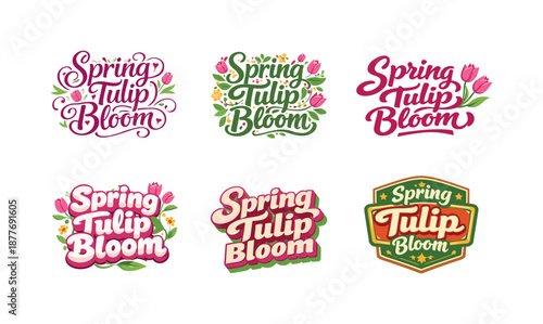 Spring Tulip Lettering Styles. Spring tulip bloom lettering design. Set lettering. harmonious lettering variations of the same emblematic concept, each with