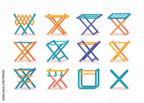 Colorful Folding Rack Icons. Folding racks. Colorful flat vector icons set of folding racks: accordion fold rack, wooden folding stand, steel drying stand,