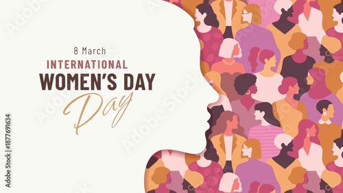 Creative International Women's Day banner featuring a large female profile silhouette filled with a diverse crowd of women in warm earth tones.