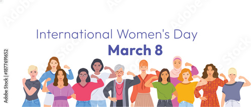 Group of diverse women striking a strong pose by showing their arm muscles for International Women's Day 2025, symbolizing strength and empowerment.