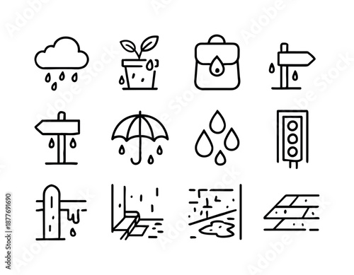 Rainy Day Icons. Rainy Day. Line icon set of rainy day: passing shower cloud, drenched garden pot, watertight bag, rain-washed signpost, umbrella rib