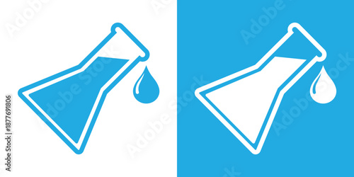 Stylized lab flask icon with droplet in blue and white contrast, symbolizing science, chemistry, and experimentation. Ideal for UI, biotech branding, and educational design themes.