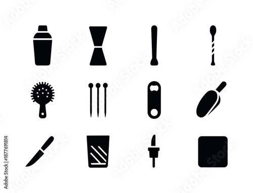Bar Icon Essentials. Bar essentials. Solid icon set of bar essentials: shaker, jigger, muddler, bar spoon, strainer, cocktail picks, bottle opener, ice scoop,