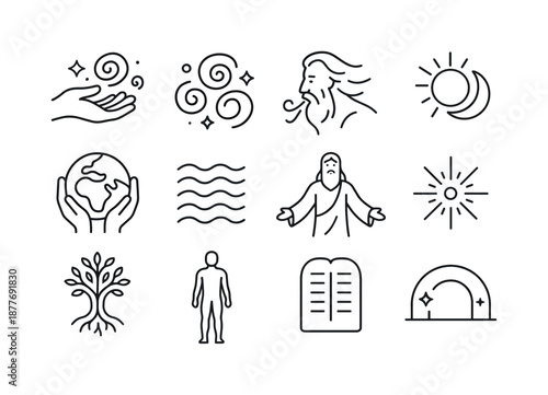 Creation Myths Icons. Creation myths. Line icon set of Creation myths: cosmic hand, swirling stars, divine breath, sun and moon, forming earth, primordial