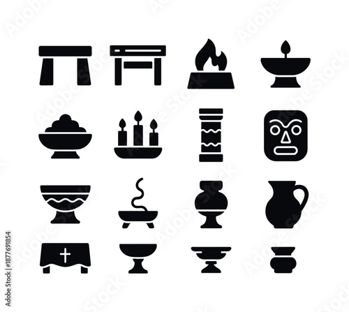 Ancient Altars Icons. Ancient altars. Solid icon set of ancient altars: stone altar, wooden altar, fire altar, offering plate, ritual candles, carved pillar,