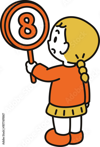 Young Girl Character Holding a Round Sign with the Number Eight Representing March 8th International Women's Day