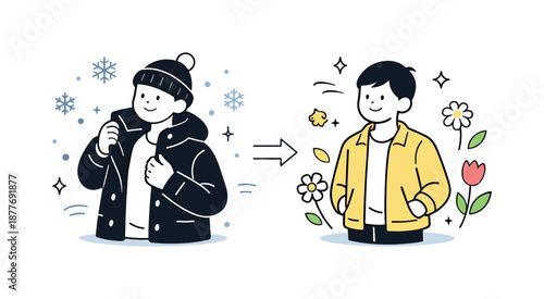 Seasonal Outfit Transition. From cold to warm season. A character changing a coat for a lighter jacket, surrounded by fading snow icons and blooming flowers.