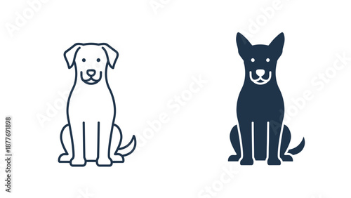 Collection of two stylized vector illustrations depicting a friendly dog in both outline and solid silhouette styles for pet related design projects