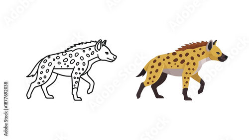 Side view illustration set featuring a spotted hyena in both a bold outline version and a fully colored flat design vector graphic format