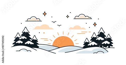 Warm Sunrise Over Snow. Sunrise Over Snow with Warm Tones. Snow-covered trees silhouetted against a warm sunrise sky. Calm scenic composition with gentle