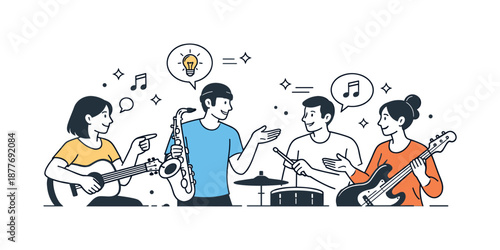 Musical Collaboration Illustration. Music jam session collaboration. Musicians exchanging musical ideas through gestures and eye contact. Connection, teamwork