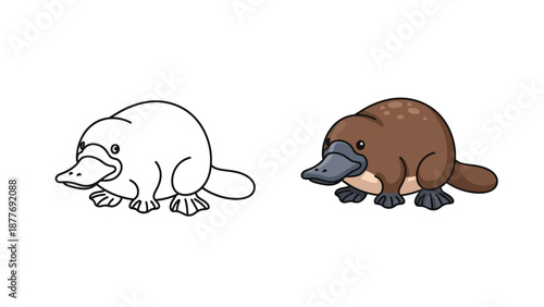 Adorable cartoon platypus illustration featuring both a ready to color line art version and a fully colored flat design style animal