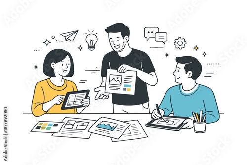 Creative Team Collaboration. Creative agency planning. Colleagues reviewing layouts and concepts on tablets and printed sheets. Structured creativity and