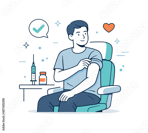 Vaccination Trust Illustration. Vaccination moment consent. Patient calmly rolling up a sleeve while sitting in a medical chair, quiet readiness and trust.